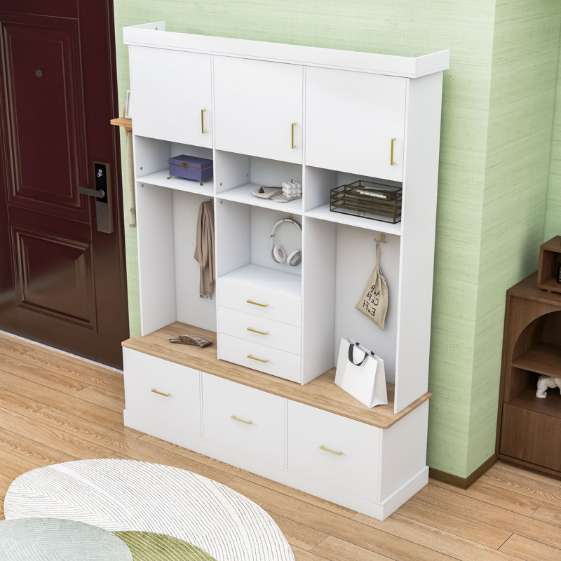 Elegant Hall Tree with Spacious Cabinets, Storage Compartment, Bench, Drawers and Hooks, White