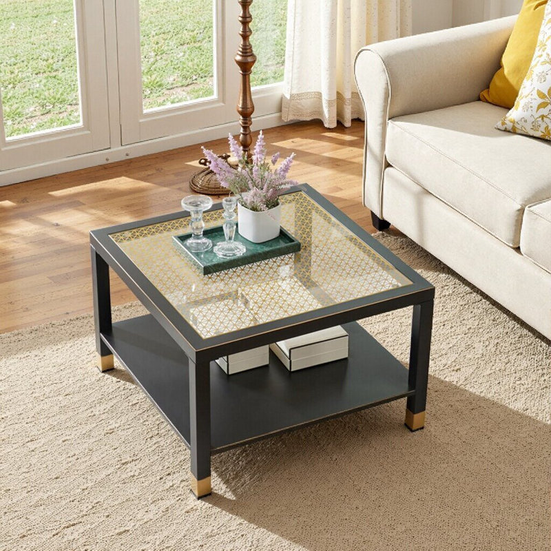 Table basse carrée avec plateau en verre doré et structure en acier, Noir + or
