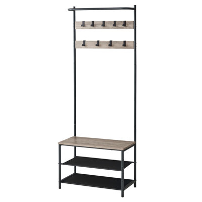 Hall Tree 25.2" Wide with Bench and Shoe Storage, Entryway Bench with Coat Rack Stand, 9 Movable Hooks, Top Bar