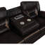Fauteuil à trois places en similicuir brun avec inclinaison manuelle, fonction murale et sièges de table rabattables au centre, accoudoirs à plateau-coussin, porte-gobelets à prise de courant escamotable 2 ports 2ac 2 ports
