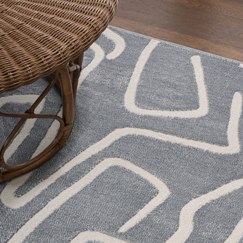 Sauvanne Modern Scandinavian Graphic Lines High-Low Blue/White Rug, Rectangle 2'11" x 5'