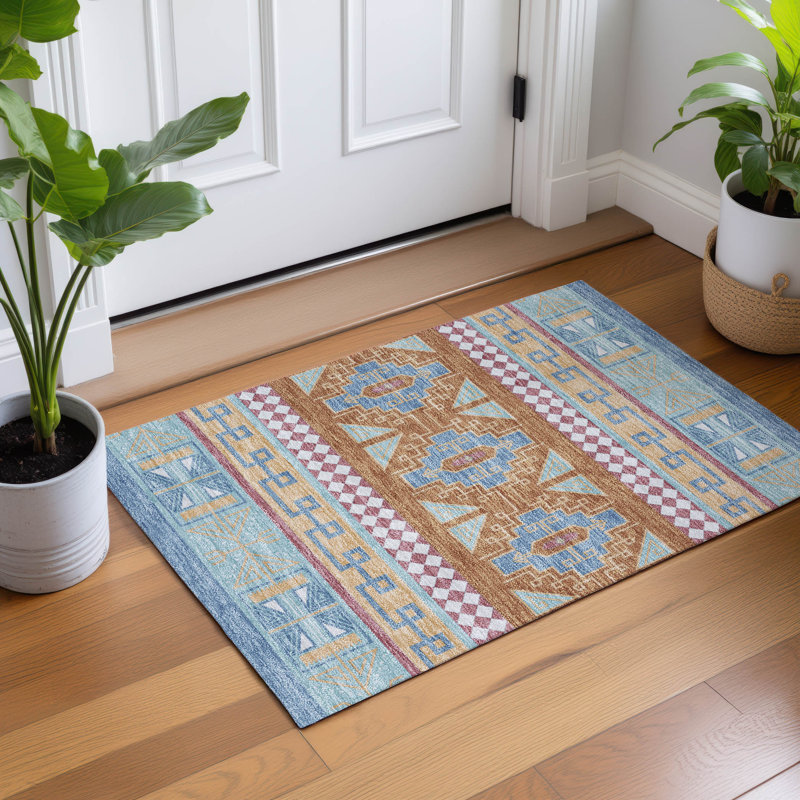 Machine Washable Indoor/Outdoor Chantille Tribal Rug, 1'8" x 2'6", Blue