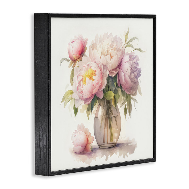 «Blush Pe pivoine Vase», art de la giclée encadrée par LSR Design Studio, H 12 po x l 12 po, Giclée encadrée noir minuit