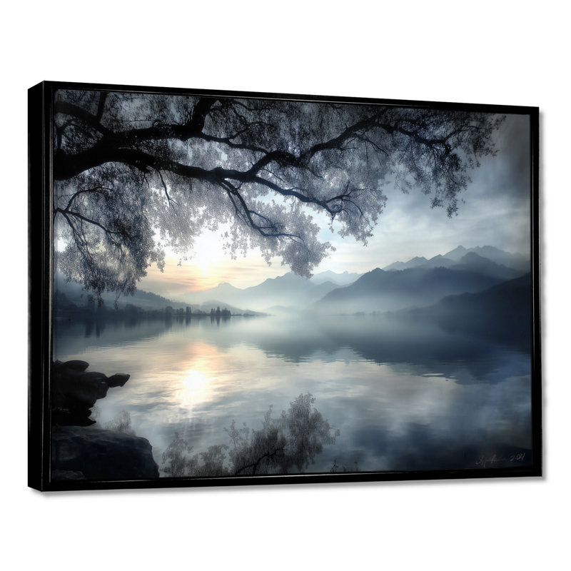 «Serene Lake At Dawn With First Light», impression d'art sur toile, paysage bleu, H 12 po x l 20 po, Cadre flottant, Noir