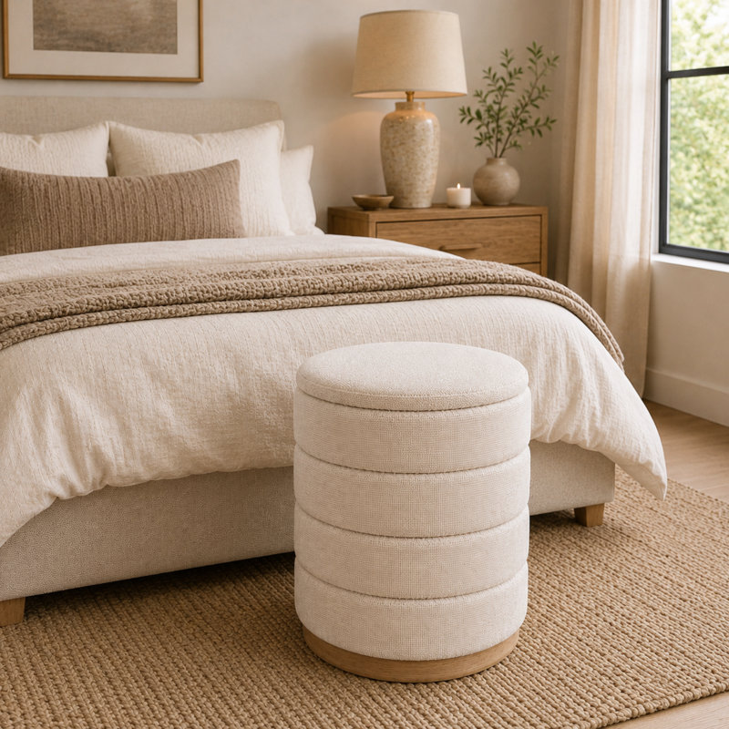 Pouf de rangement cylindrique Tessa 40 cm (16 po) en lin, avec couvercle amovible et rangement dissimulé, beige, Beige