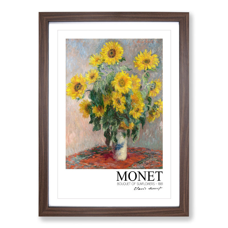 Bouquet of Sunflowers with Border by Claude Monet - Picture Frame Painting, 48cm H x 36cm W x 2cm D, Walnut