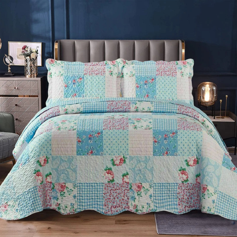 Bedspread Printed Floral Grey Double, Blue, Double Bedspread + 2 Standard Shams