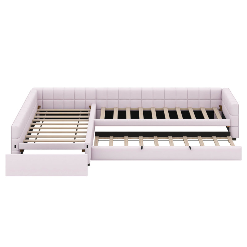 Lit plateforme en L avec lit gigogne, lit de jour rembourré avec tiroir de rangement, 3 lits en 1, Pink