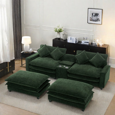 Canapé modulaire avec 2 repose-pieds amovibles, 2 ports USB, 2 porte-gobelets et grand rangement