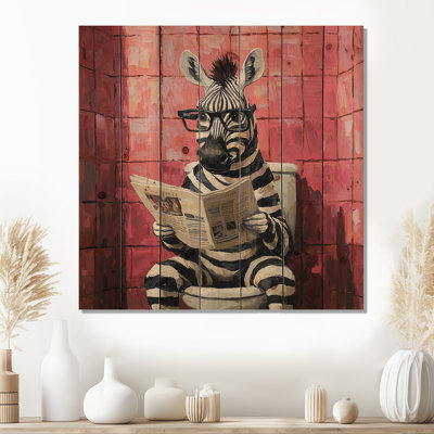 Drôle de zèbre lisant un journal dans la toilette I - Art mural en bois animal zèbre - sur bois de pin naturel