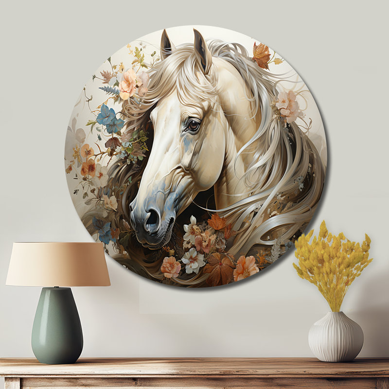 «Blooming Horse», art mural rond en métal, H 36 po x l 36 po