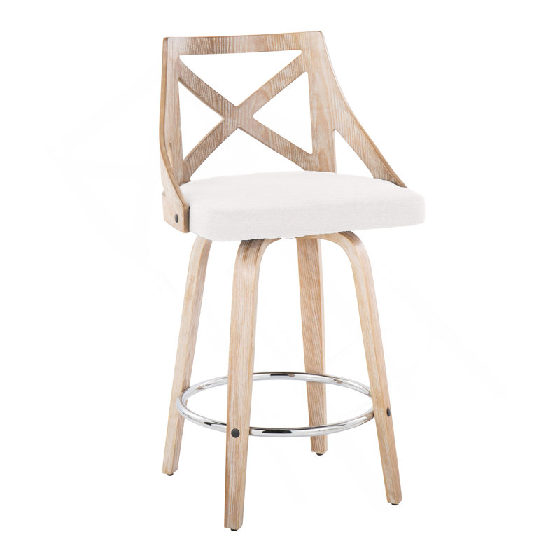 Charlotte 26" Farmhouse Fixed-Height Counter Stool With Swivel In White Washed Wood, Cream Fabric And Round Chrome Metal Footrest By Lumisource - Set Of 2