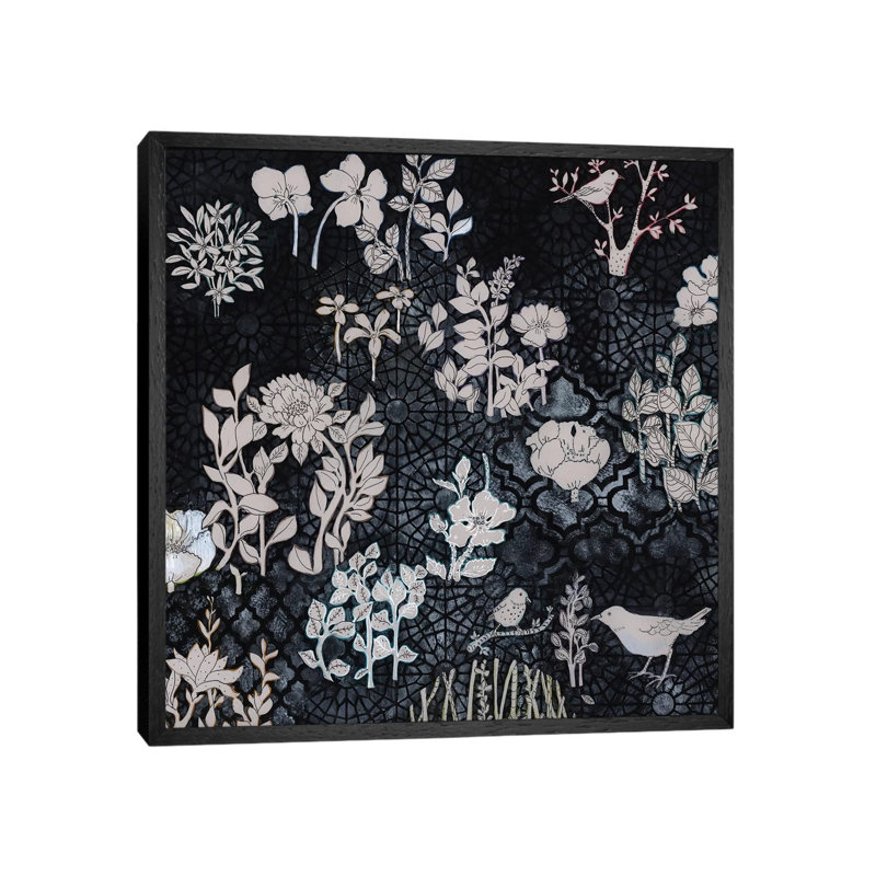 Pale Grey Botanical On Black by Miri Eshet - Print on Canvas, Black Framed, 66.04 cm H x 66.04 cm W