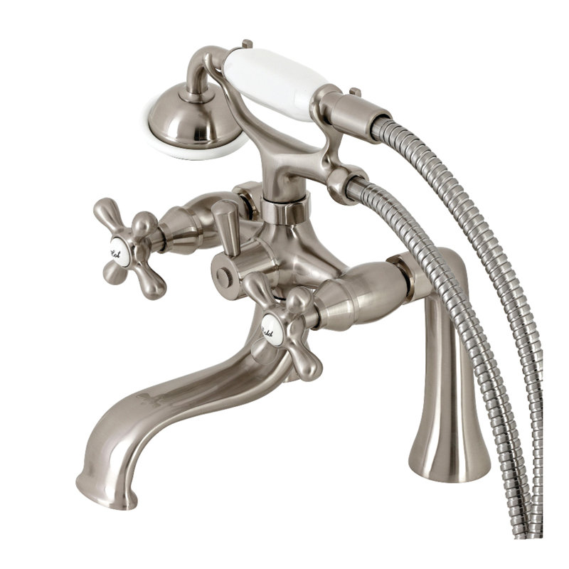 Kingston Brass Kingston Three-Handle 2-Hole Deck Mount Clawfoot Tub Faucet with Handshower, Brushed Nickel