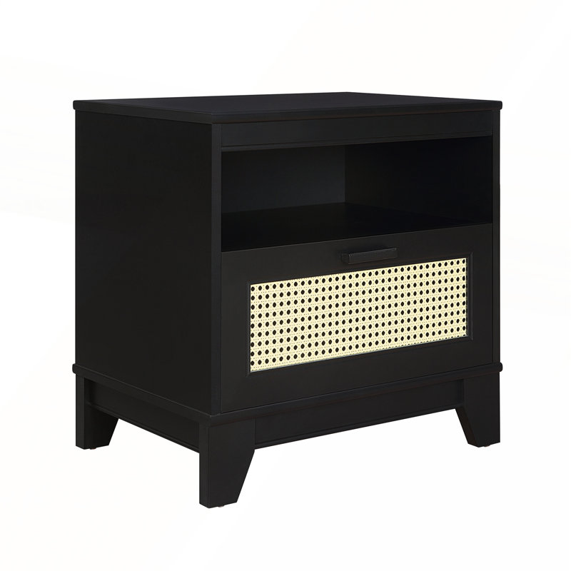 Table de chevet Modern Cane avec tiroir à extension complète et casier ouvert pour un rangement élégant dans la chambre à coucher