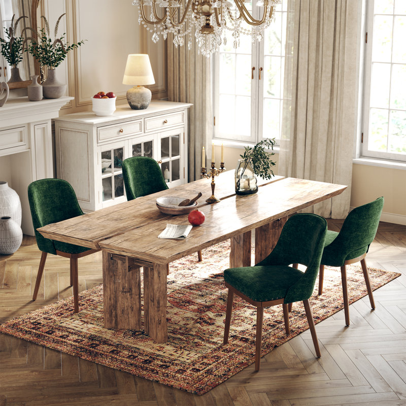 Two-tier solid wood upholstered side chair, Green, Set of 4, Rivet