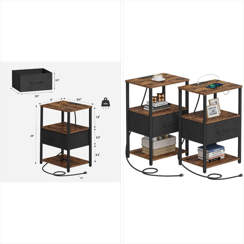 Ensemble de 2 tables de chevet avec station de charge, table de bout avec ports USB et Type-C, table de chevet avec tiroir en tissu, table d'appoint pour salon et chambre à coucher, brun