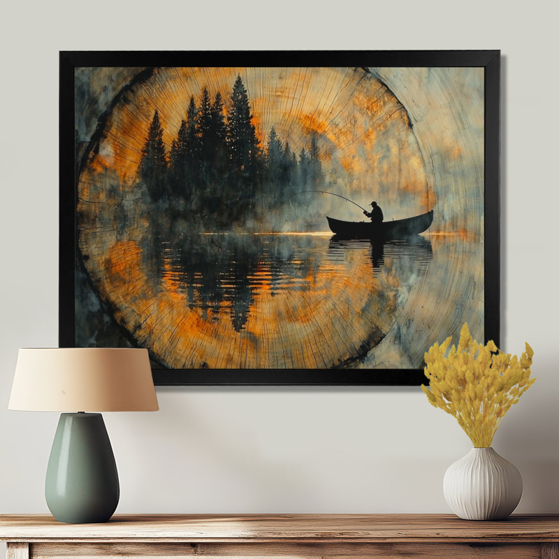 Giaan Fishing Tranquility River Landscape I - Boat Fishing Wall Art, Single Picture Framed Print without Mat, 30" H x 40" W
