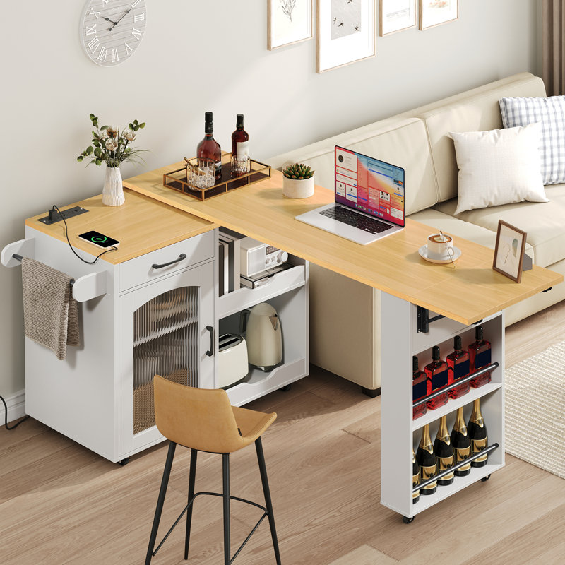 Îlot de cuisine l 74,8 po avec table pivotante à 360 ° extensible et station de charge, îlot de cuisine roulant avec tablettes de rangement latérales et support à verres à vin, roulettes verrouillables
