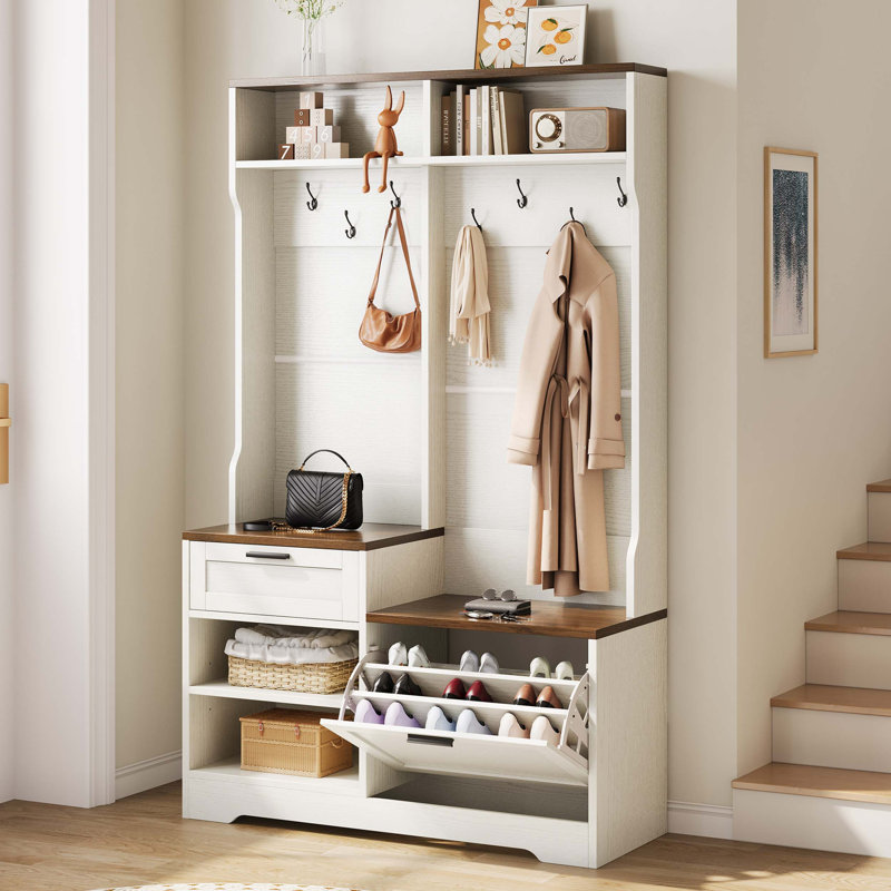 Portemanteau avec banc et rangement pour chaussures, organisateur de vestibule 6-en-1 avec crochets, tiroirs, casiers et armoire à chaussures rabattable pour une efficacité maximale.