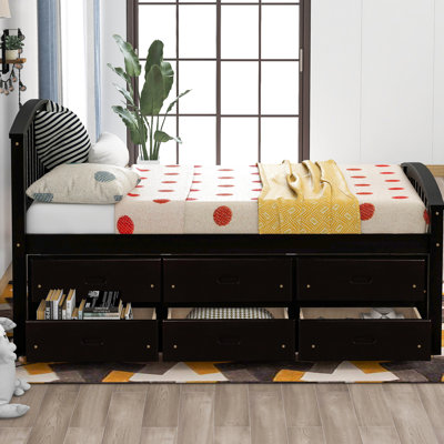 Twin Bed Frame, 6 Drawers, High - Quality Pinewood, 10 Slats Mattress Support, ' Room Bedroom
