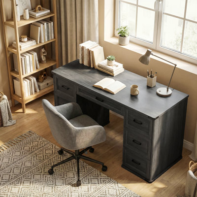 55" Farmhouse Executive Desk with 7 Drawers, Computer Desk, Black