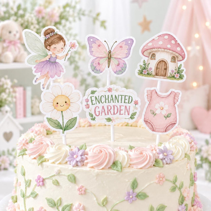 Enchanted Garden Cake Topper Set, 6 Baby Shower Gender Reveal Designs