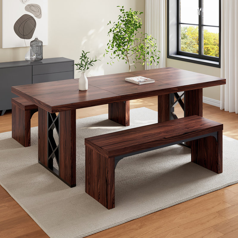 3-Piece Dining Table Set For 6-8 People, 70.8'' Rectangle Kitchen Table With 2 Benches For Breakfast Nook, Dining Room Furniture