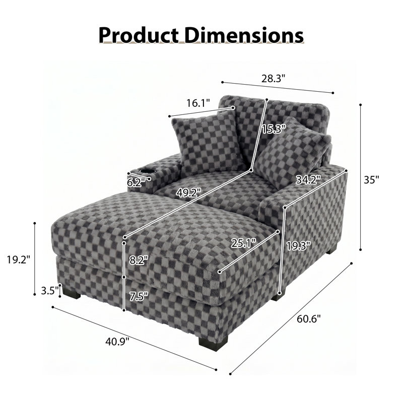 Chaise avec accoudoirs rembourrés en fausse fourrure de 41 pouces et fauteuil surdimensionné avec structure en bois, Gray