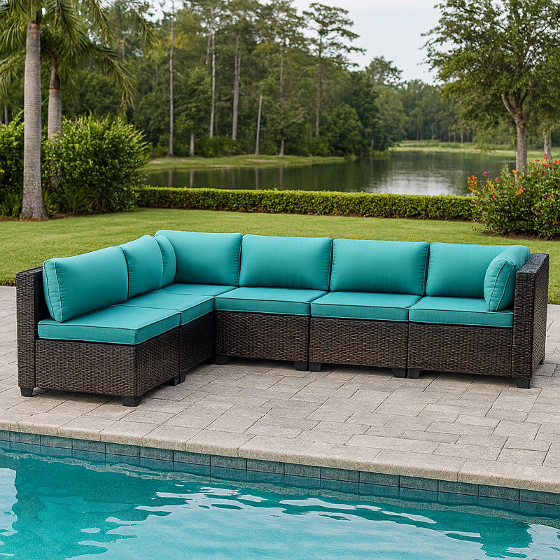 6-Piece All-Weather HDPE Wicker L-Shaped Patio Sectional Sofa Set With Cushions, Green