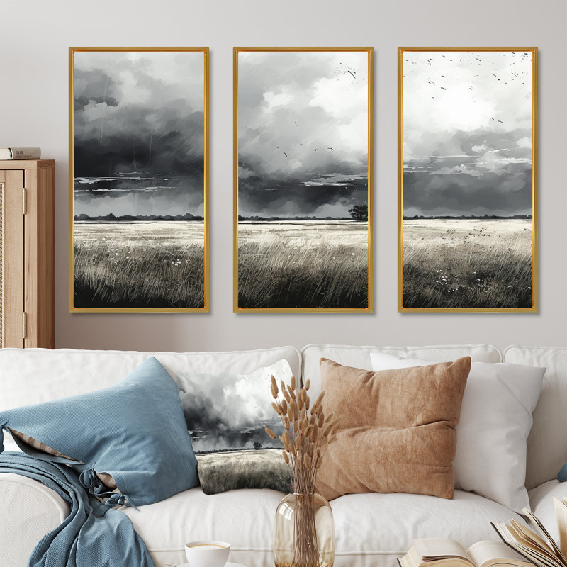 «Gray Storm Meadow Charm - Storms», ensemble d'art mural sur toile, Cadre flottant doré, H 32 po x l 48 po x P 1 po