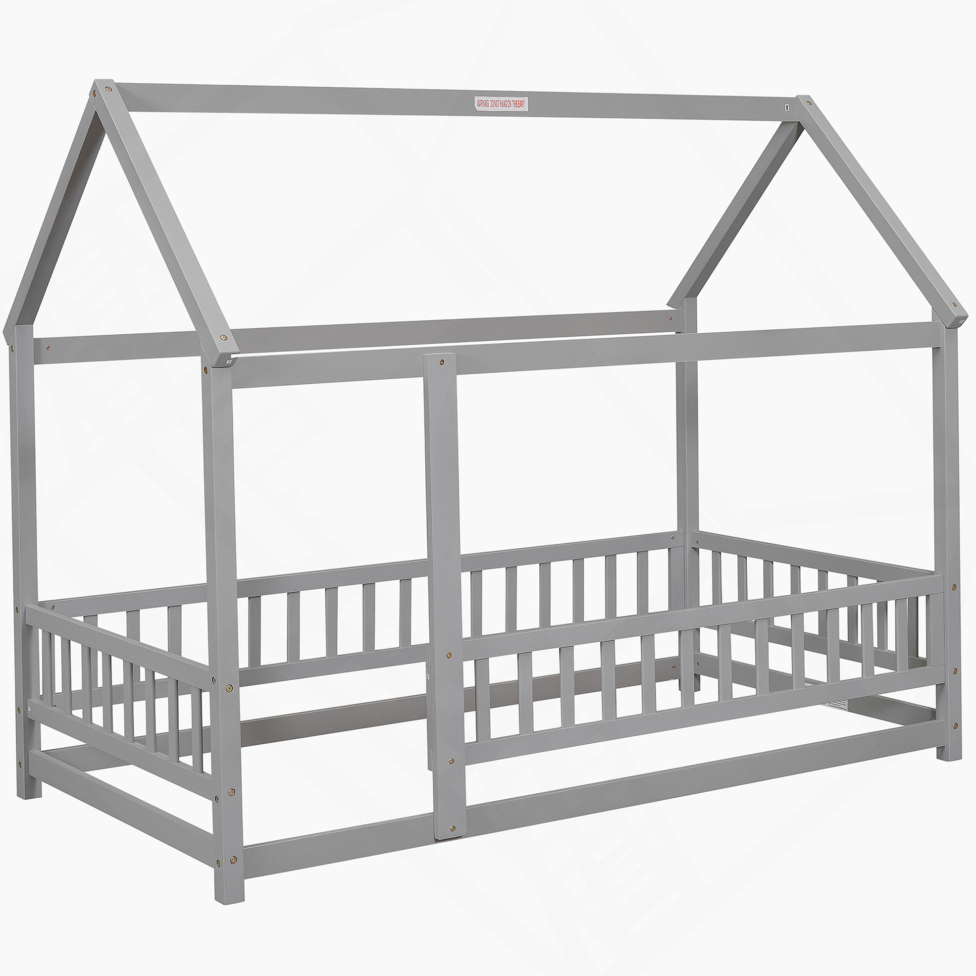 Twin Size Floor Wooden Bed with House Roof Frame, Fence Guardrails,White