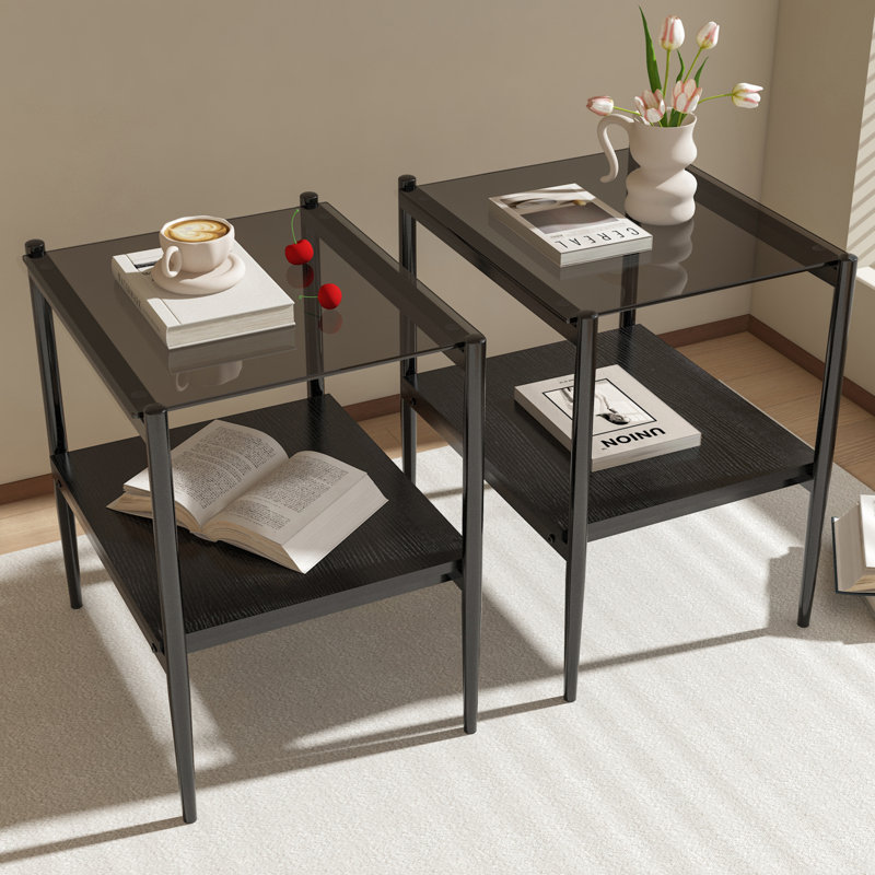 Tables d'appoint en verre trempé avec tablette Finkelstein, Gris, Noir