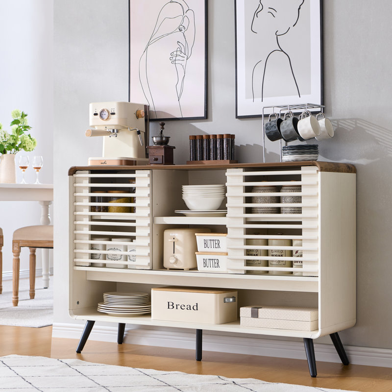 46" Breathable Storage Sideboard with adjustable shelves & Slatted Sliding Door, Brown/White