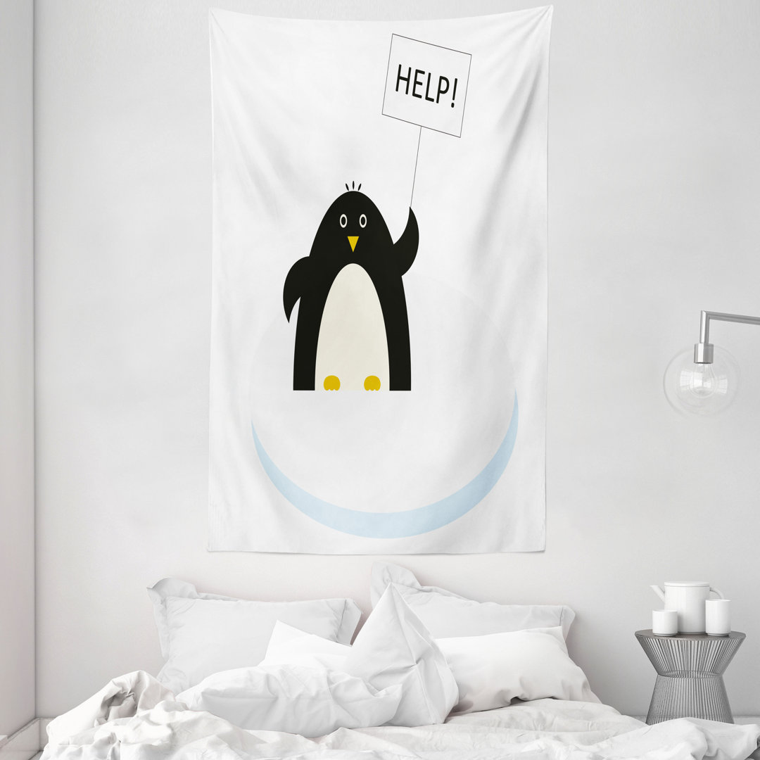 Wandteppich, Pinguin auf Eis Need Help, Tier, Schwarz Weiß und Himmelblau