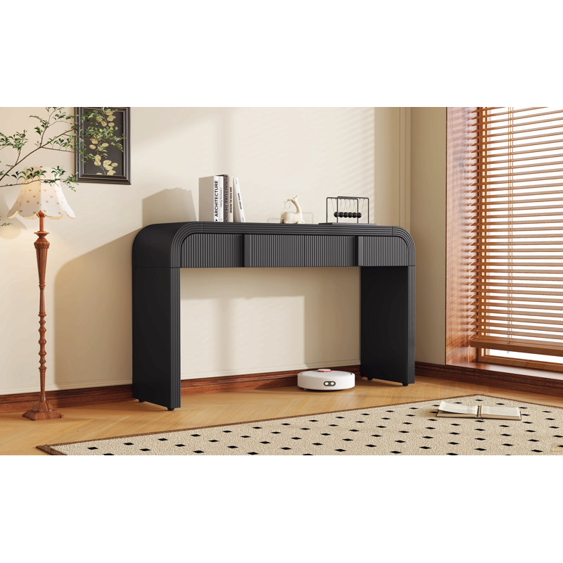 Console moderne avec 2 tiroirs de rangement, table d'entrée cannelée à silhouette arrondie pour le salon et l'entrée (noir)