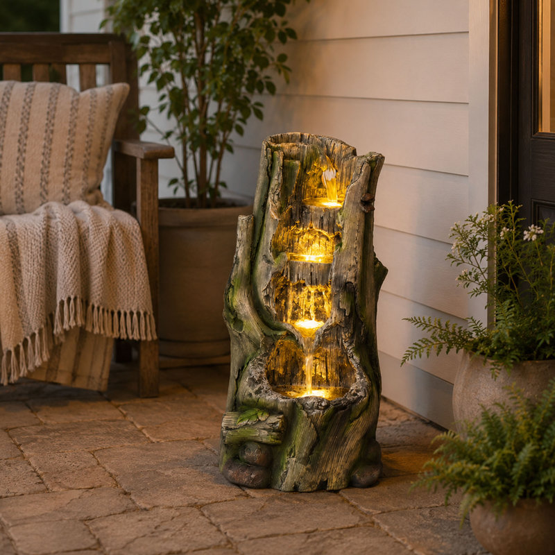 Fontaine d'extérieur 23,6 po souche d'arbre, lumières DEL chaudes