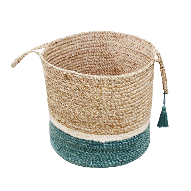 Handmade Round Jute Teal and Natural Storage Basket