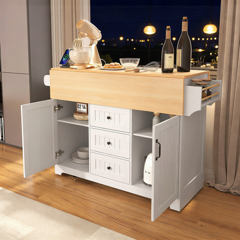 55.7'' Multifunctional Kitchen Island with Dual Drop Leaf, Power Outlet, and Ample Storage for Dining, Cooking, or Work