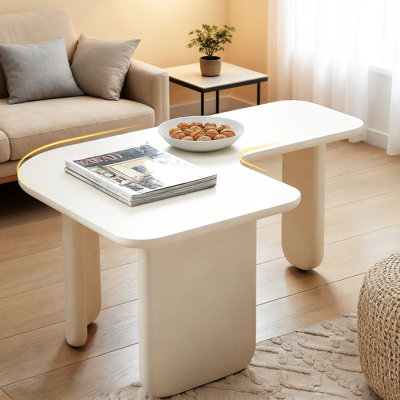 Table basse en L 34,7 po moderne, finition blanche, peinture multicouche, construction, espace pour la vie en appartement, construction améliorée, porteuse, facile à assembler