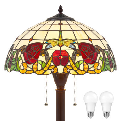 Lampe sur pied 65 po de style Tiffany avec abat-jour en verre coloré de 16 po, 2 ampoules E26 de 60 W incluses, interrupteur à chaîne, lampe sur pied rétro pour salon, chambre à coucher