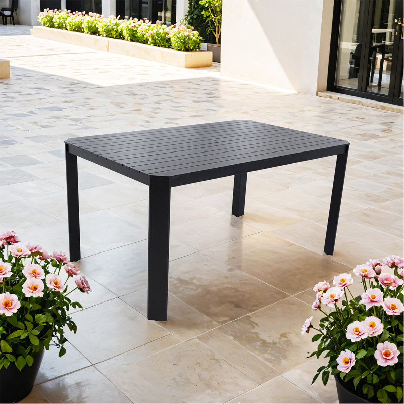 Modern Outdoor Aluminum Table With Alternating Wide And Narrow Slats, Angled Corners, Umbrella Hole, And Adjustable Non-Slip Pads