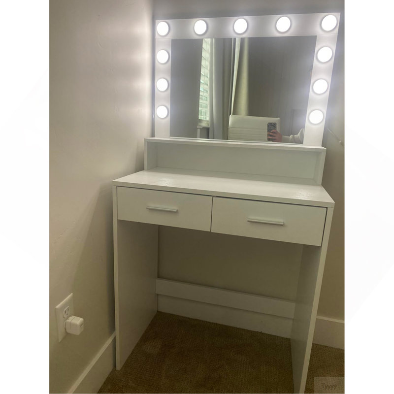 Vanity Desk With Mirror And Lights, Dressing Table With Large Drawer, 2 Level Storage Dresser & 3 Lighting Modes Adjustable Brightness, Suitable For Bedroom(White)