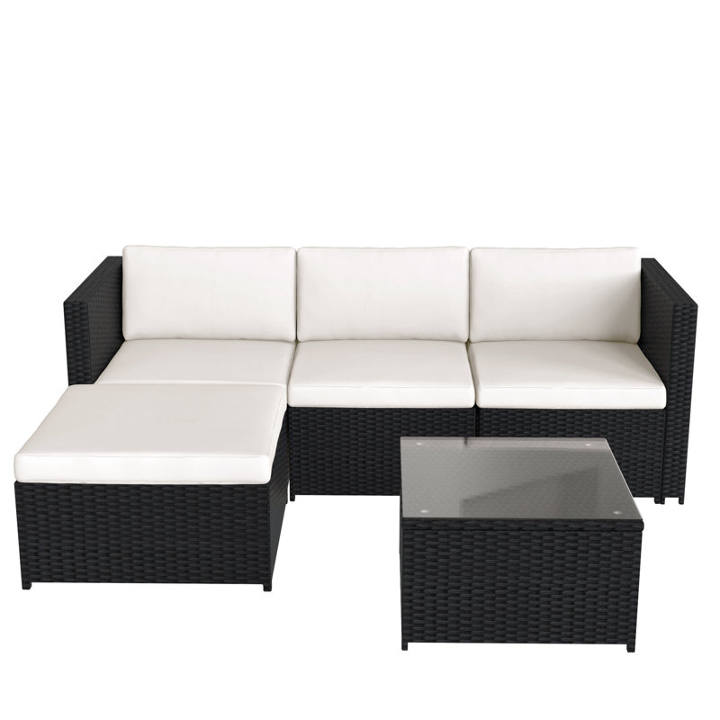 Rattan Garden Sofa Set With Glass Top Coffee Table, Black Rupert, Cream