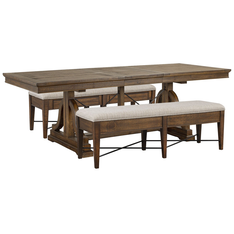 Extendable Trestle Dining Table With Upholstered Benches, 3 Pieces: Table, 2 Benches