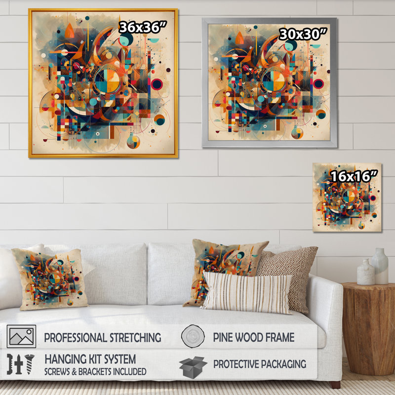 Impression sur toile encadrée géométrique orange rétro V - abstrait géométrique, H 36 po x l 36 po, Encadrement doré