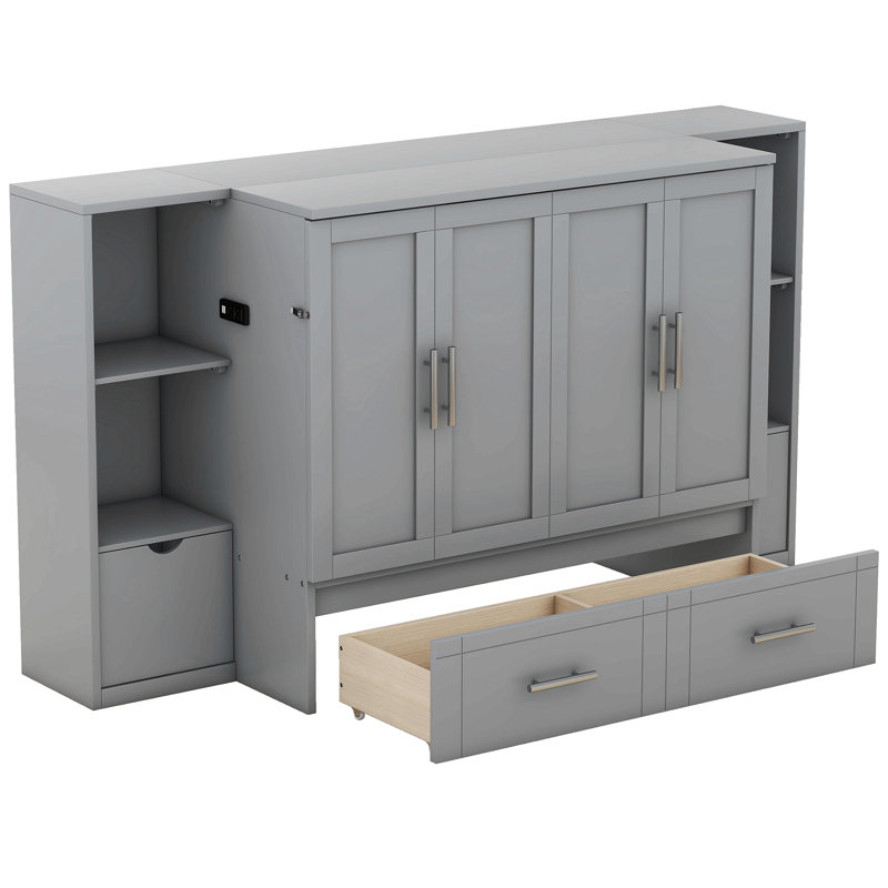 Lit escamotable avec tablettes, tiroirs et ports USB Murphy, Grand lit, Gris
