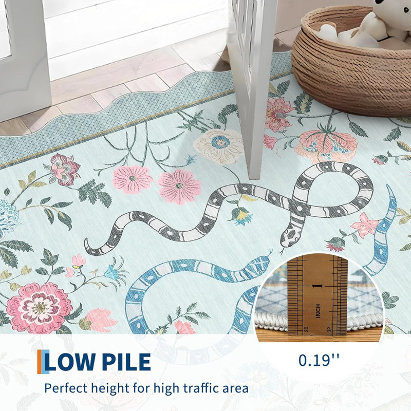 2x6 Kitchen Runner Rug – Soft Non-Shedding Low Pile Farmhouse Floral Carpet with Non-Slip Backing, Stain-Resistant Snake Print Bath Mat