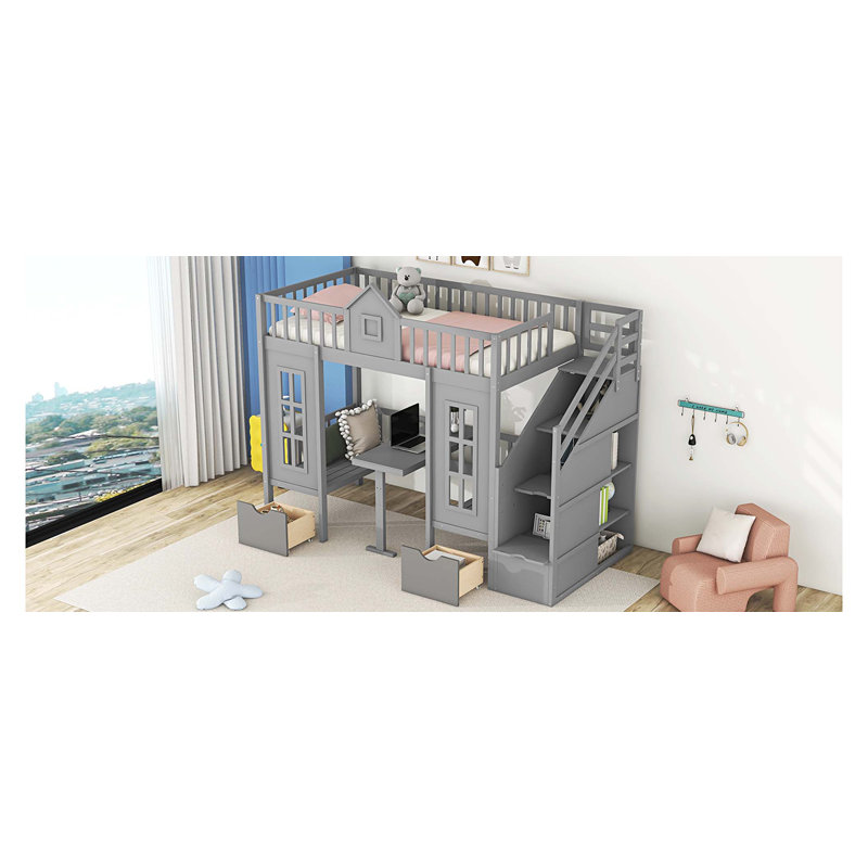 Twin-Over-Twin Bunk Bed with Changeable Table, Bunk Bed Turn into Upper Bed and Down Desk -Pink, Grey