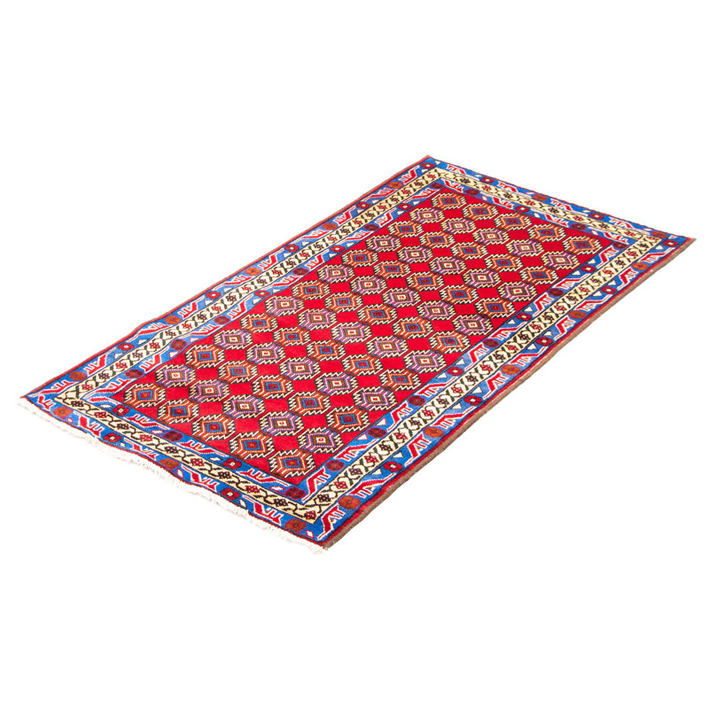 Tapis rouge en laine noué à la main de conception unique 3 pi 3 po x 6 pi New Age
